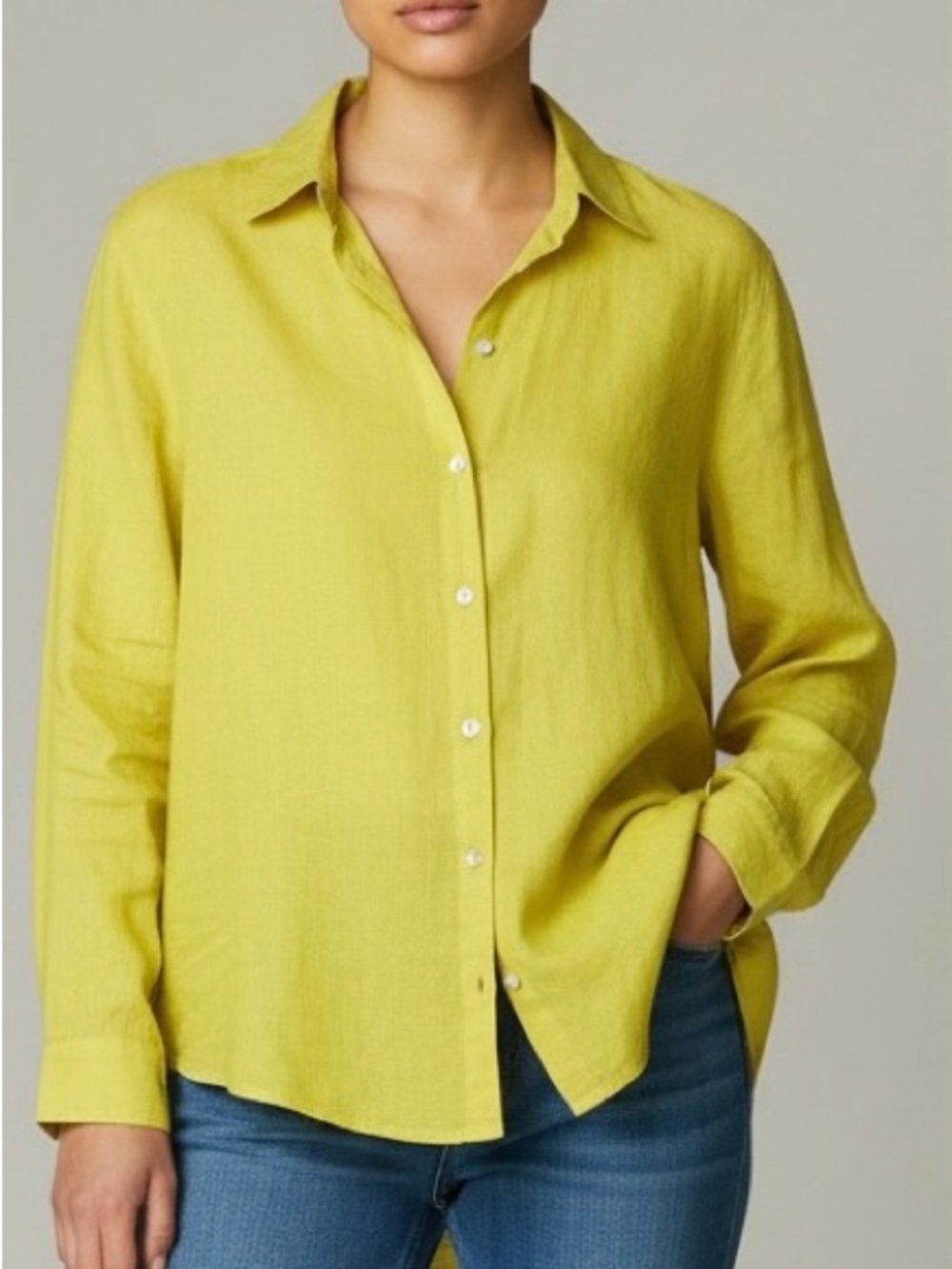 J. Jill Love Linen Chartreuse Button up Blouse Roll Tab Long sleeve Size M NWOT